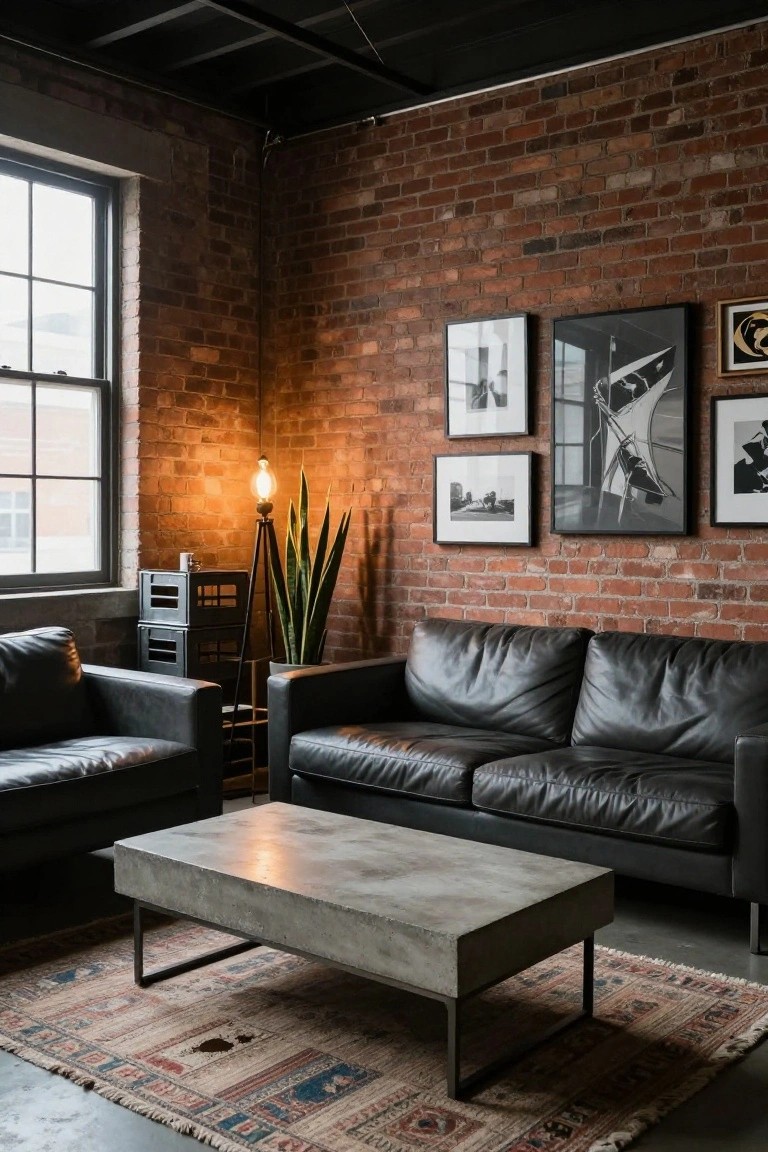 Brick-walled living room corner with two black leather sofas facing a rectangular concrete coffee table on a patterned rug, plus a potted plant, tripod lamp, and framed black-and-white photos on the wall.