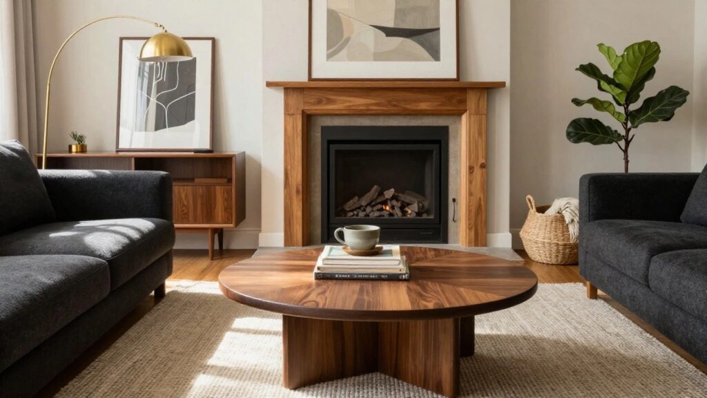 19 Coffee Table Ideas for Sectional Sofas for Balanced Styling Modern living room with gray sectional sofa, round wooden coffee table holding stacked books and ceramic cups, wood fireplace, fiddle leaf fig plant beside gold floor lamp, and sheer window curtains.