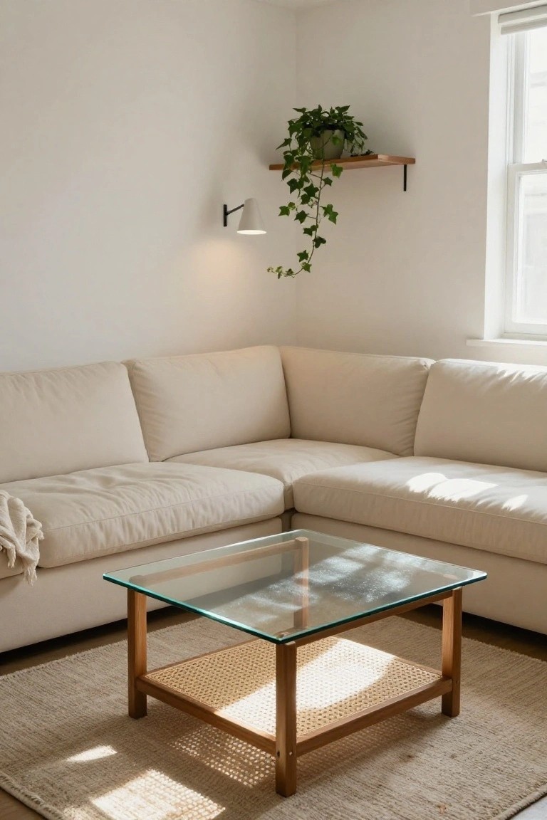 White living room corner with beige L-shaped sectional sofa, glass-topped coffee table on wooden frame with rattan lower shelf, light beige rug, wall shelf holding potted ivy plant, wall lamp, and window with blinds.