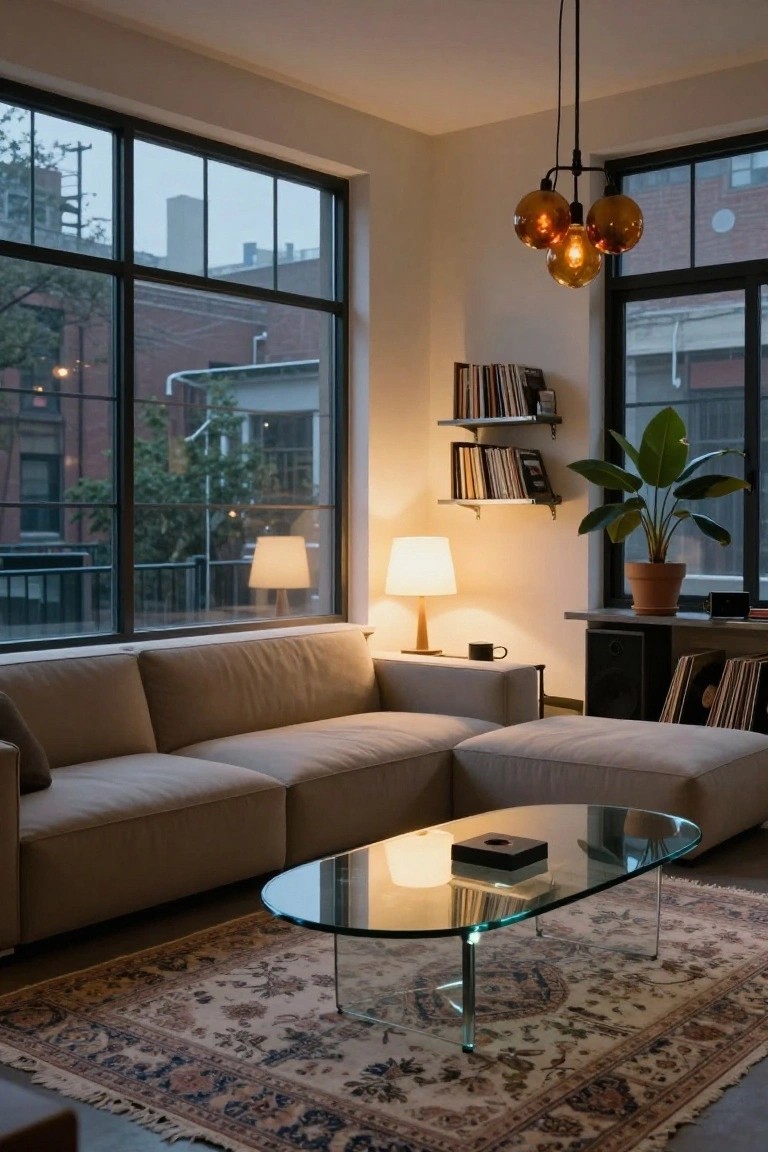 Living room interior with beige L-shaped sectional sofa, oval glass coffee table on patterned rug, orange pendant lights, bookshelves with vinyl records, potted plant, table lamps, and large black-framed windows showing urban exterior at dusk.