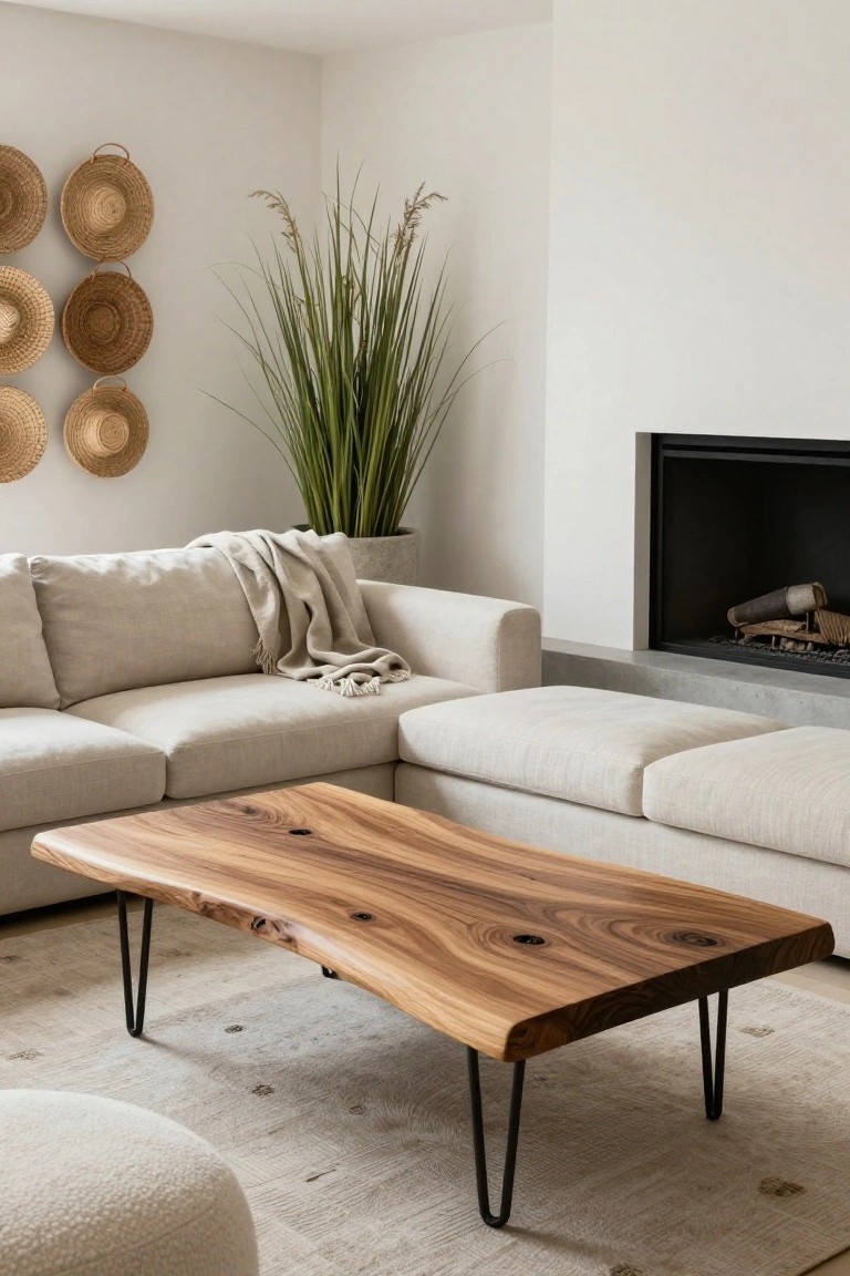 Modern living room corner with beige L-shaped sectional sofa, live-edge wooden coffee table on black hairpin legs, white pouf, neutral rug, potted tall grass plant, woven wall hats, and concrete fireplace.