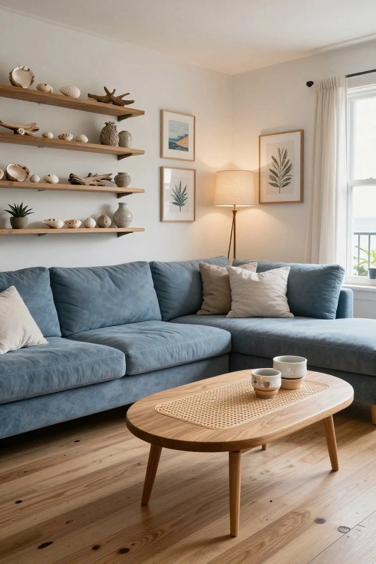 Blue velvet L-shaped sectional sofa in a light living room with wooden shelves holding shells and driftwood, oval wooden coffee table topped with rattan mat and white ceramic mugs, floor lamp, and window with white curtains.