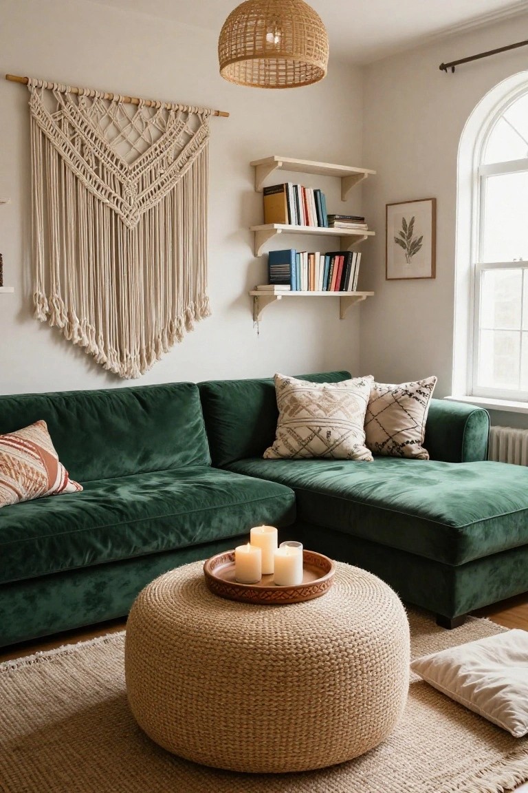 Living room corner featuring a green velvet L-shaped sectional sofa, round beige woven pouf ottoman with a wooden tray holding lit candles as coffee table, macrame wall hanging, floating wooden shelves with books, and rattan pendant light above.