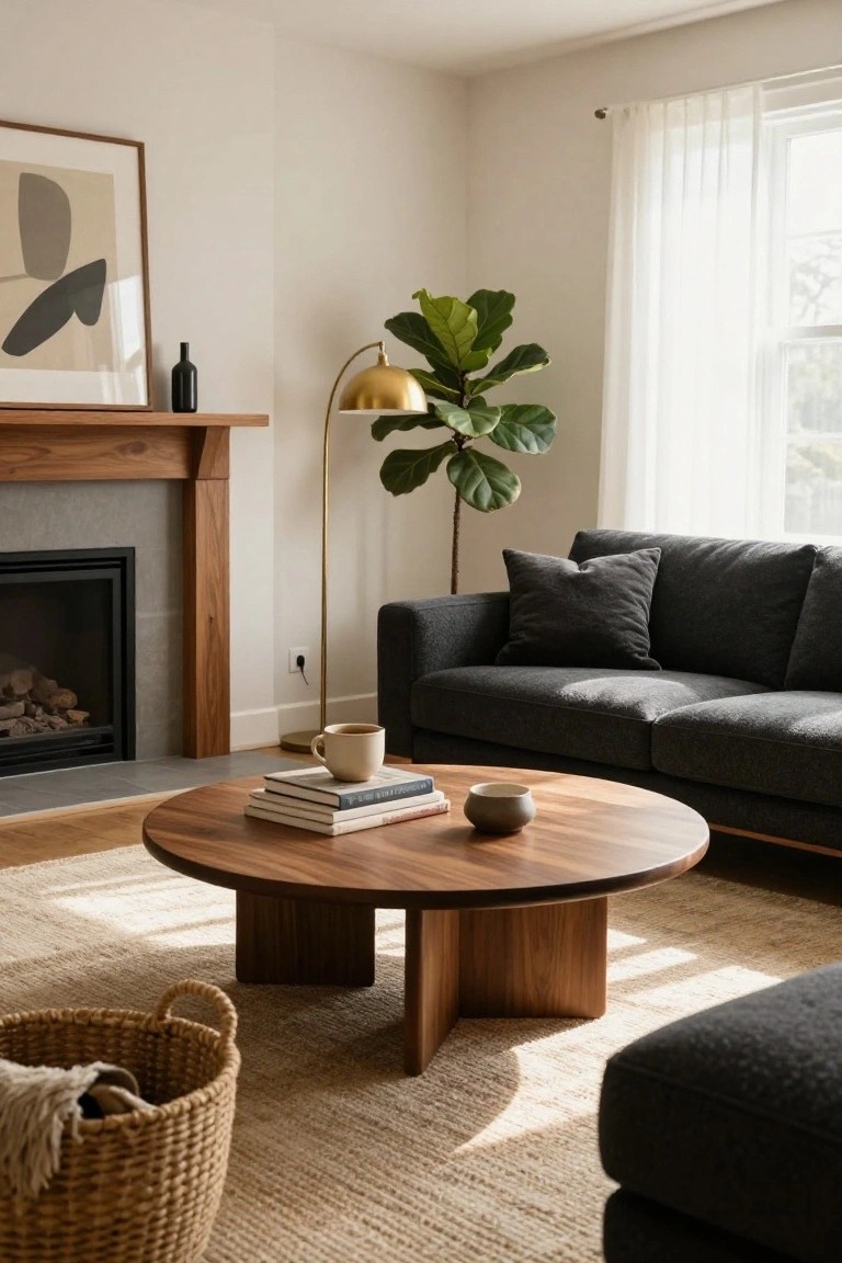 Modern living room with gray sectional sofa, round wooden coffee table holding stacked books and ceramic cups, wood fireplace, fiddle leaf fig plant beside gold floor lamp, and sheer window curtains.