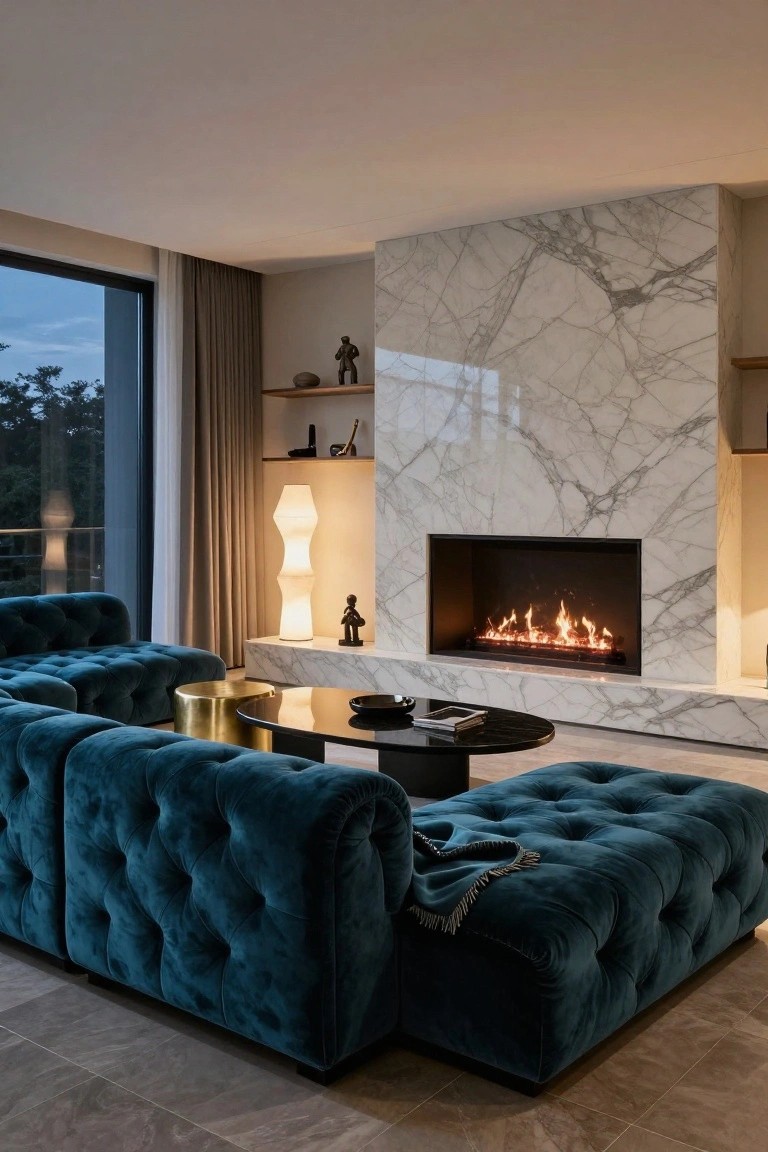 Modern living room interior with tufted deep teal sectional sofa, black round coffee table holding books, gold cylindrical stool, marble fireplace with gas flames, white lamp, and large window view of trees.
