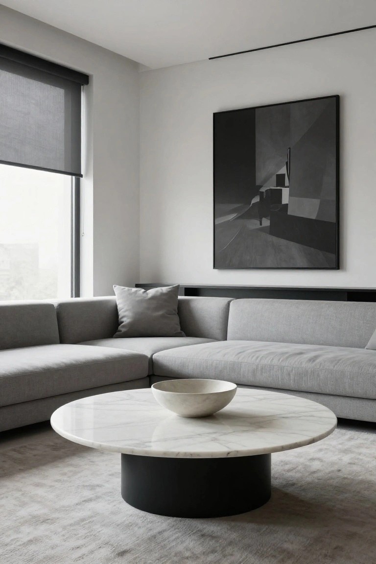 Modern living room with gray L-shaped sectional sofa, round white marble coffee table on black pedestal base with white bowl on top, large abstract black and white wall art, gray roller blinds on floor-to-ceiling window, and light gray carpet.