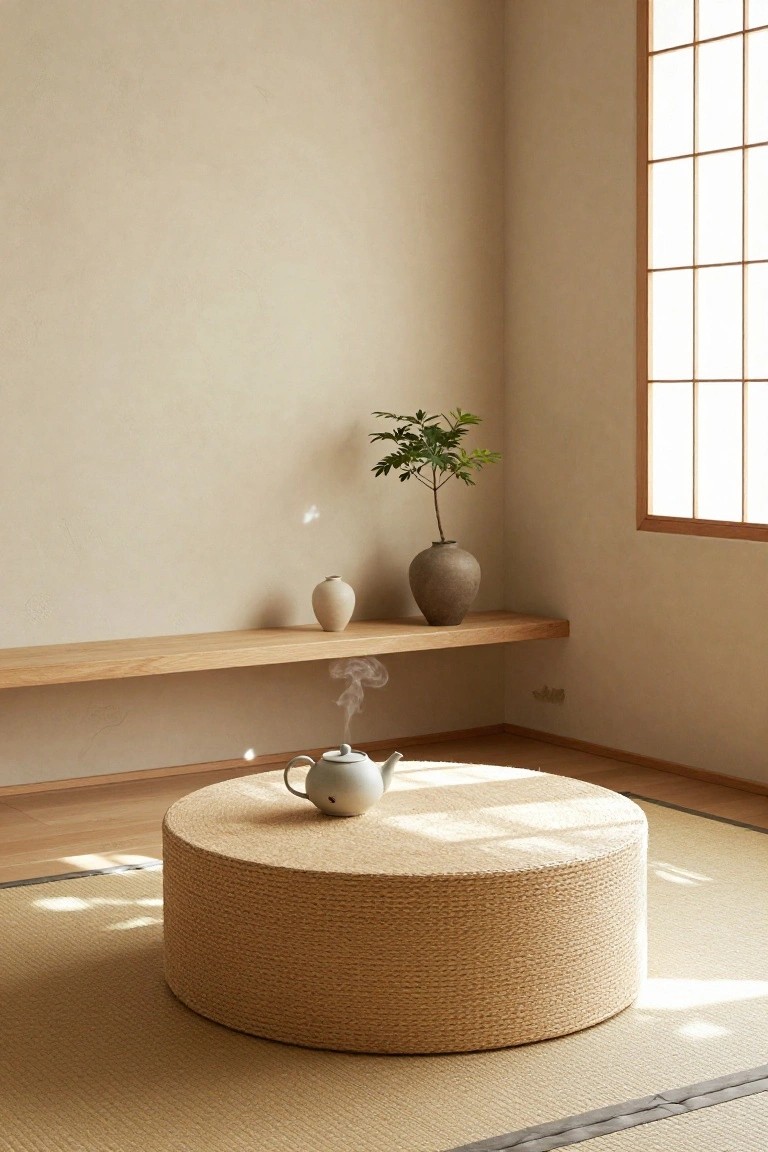 Minimalist Japanese room with woven table, teapot, and floating wooden shelf.