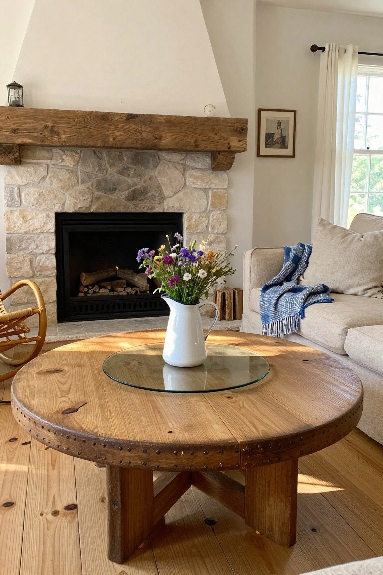 Round wooden coffee table with glass turntable top and white jug of wildflowers, positioned in front of beige sectional sofa in living room with stone fireplace and wood floor.