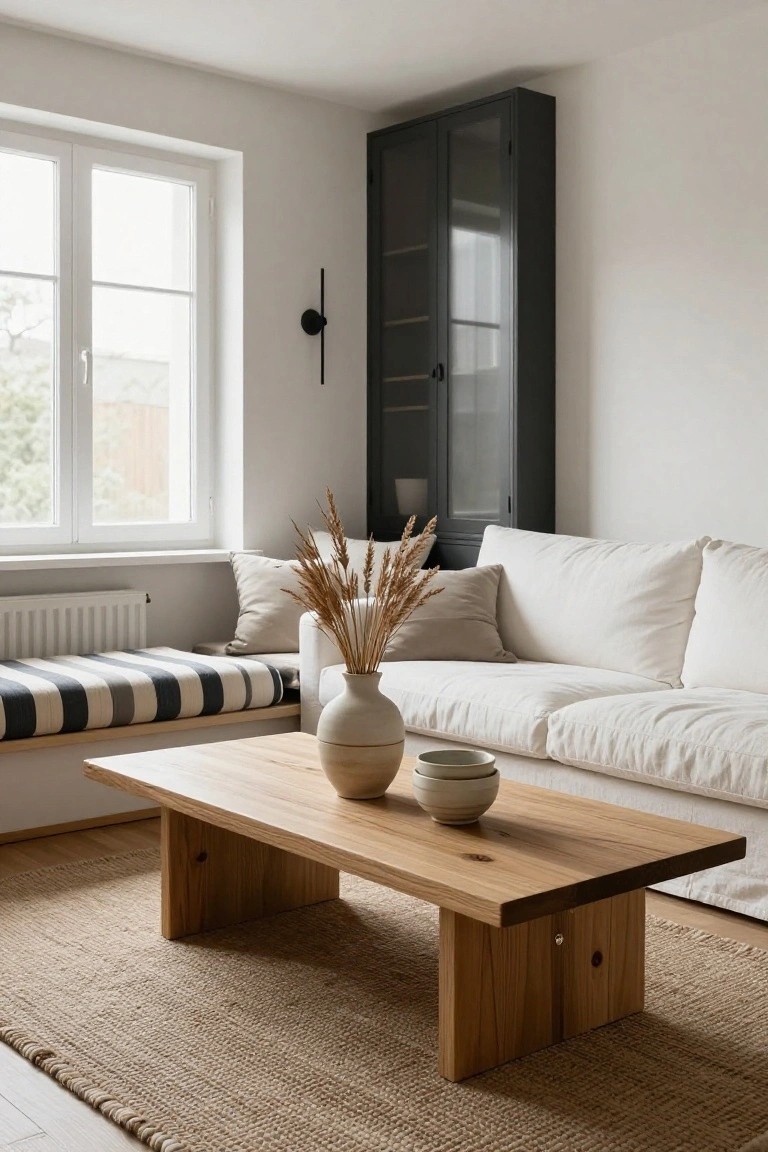 Modern living room with white sofa, wooden coffee table, and tall black cabinet.