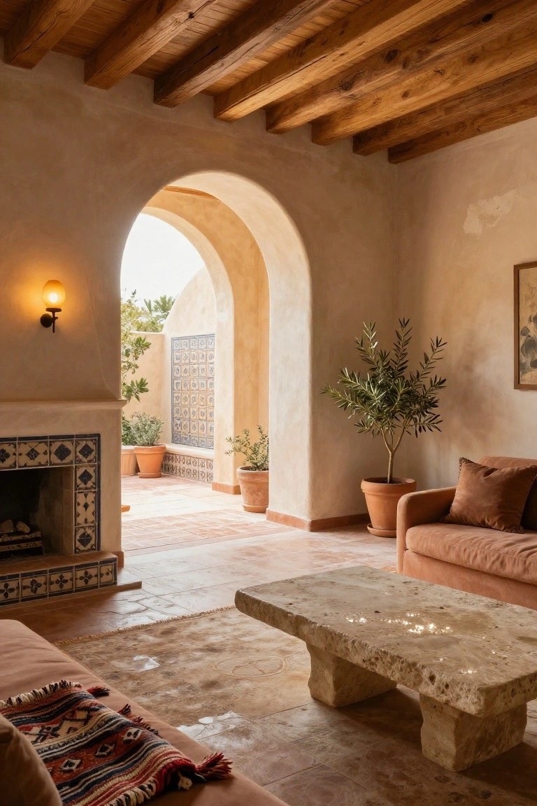 Living room interior with wood-beamed ceiling, arched doorway to outdoor patio, terracotta fireplace, olive tree in terracotta pot, plush rust-colored sofa, multicolored throw blanket, and low rectangular beige stone coffee table on terracotta tile floor.