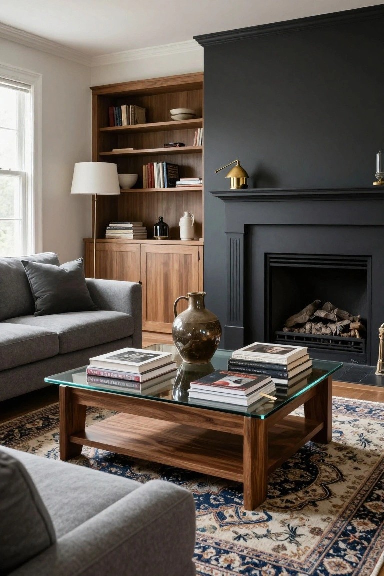 Living room with gray sectional sofa, walnut coffee table topped with glass and stacked books, wood bookshelves, black fireplace with fire, and Persian rug.