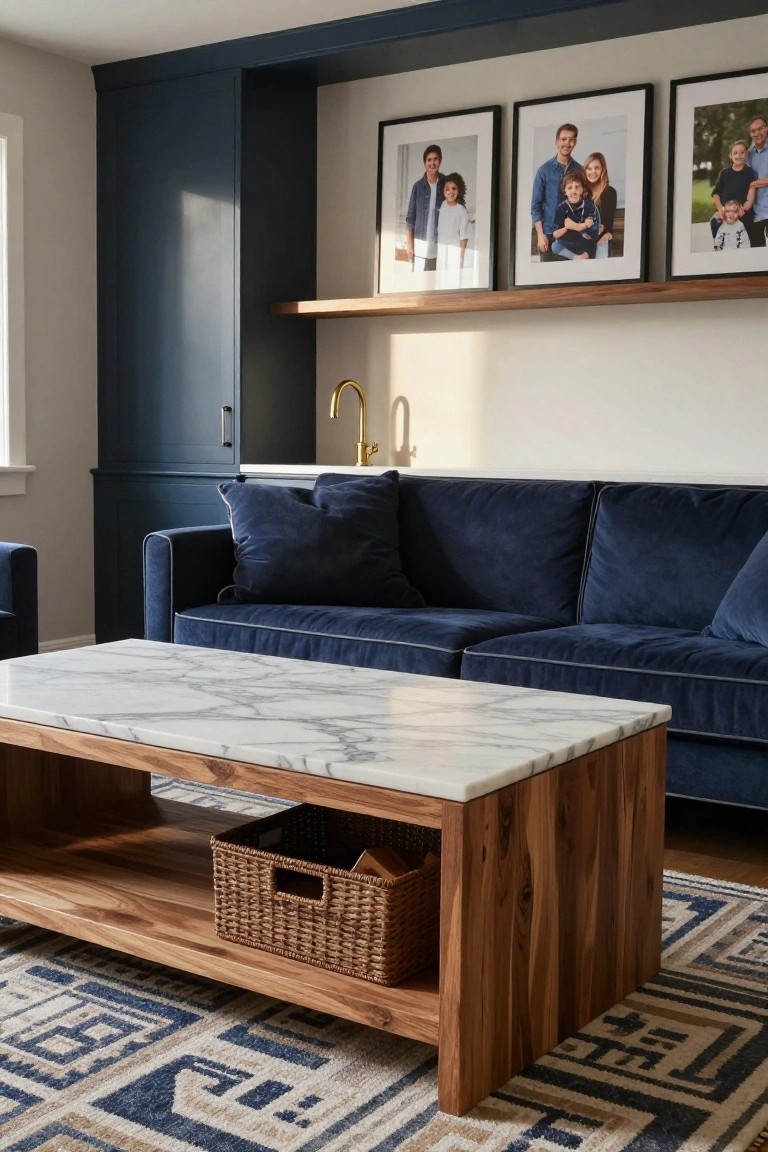 Living room with navy blue velvet sofa, wood coffee table topped with white marble and a woven basket in the shelf below, dark blue cabinetry with gold faucet, and three framed family photos on a wood shelf above.