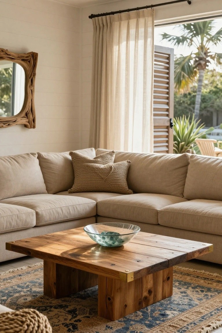 A cream L-shaped sectional sofa in a light-walled room with a low square wooden coffee table holding a glass bowl, placed on a blue-patterned rug near sliding glass doors with sheer curtains and a view of palm trees and pool chairs.