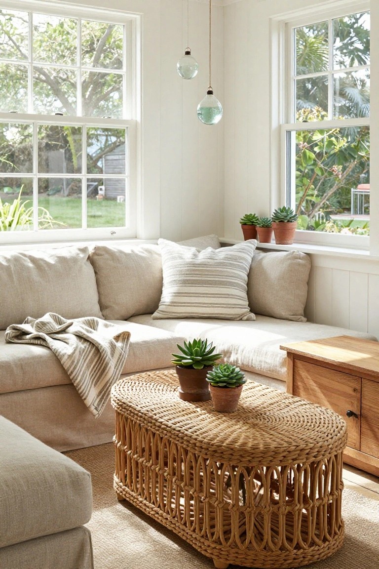 Sunlit corner of a white-walled living room with beige linen sectional sofa, oval woven rattan coffee table topped with potted succulents, wooden side table, throw blanket on sofa, and large windows showing garden views.