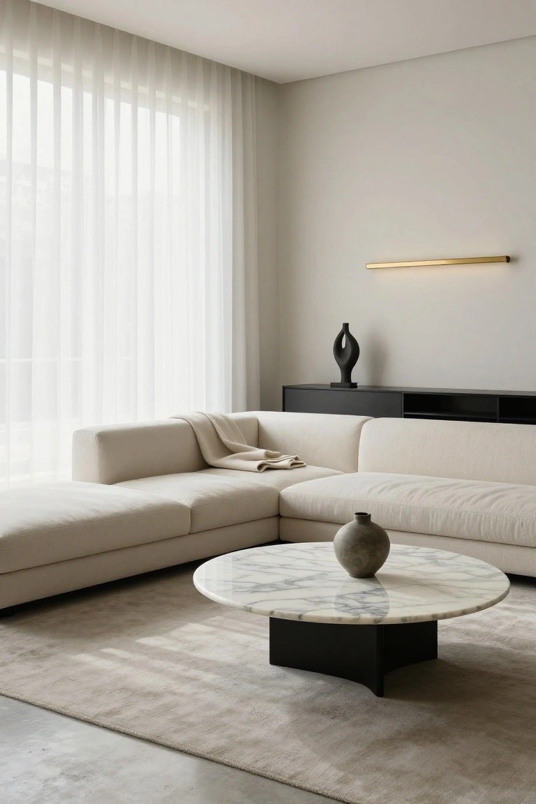 Modern living room corner with L-shaped cream fabric sofa draped with a light throw, round white marble coffee table on black pedestal base holding a terracotta vase, light beige area rug on polished concrete floor, black credenza topped with black sculptural vase, sheer white curtains covering large windows, neutral beige walls, and slim gold linear wall light.