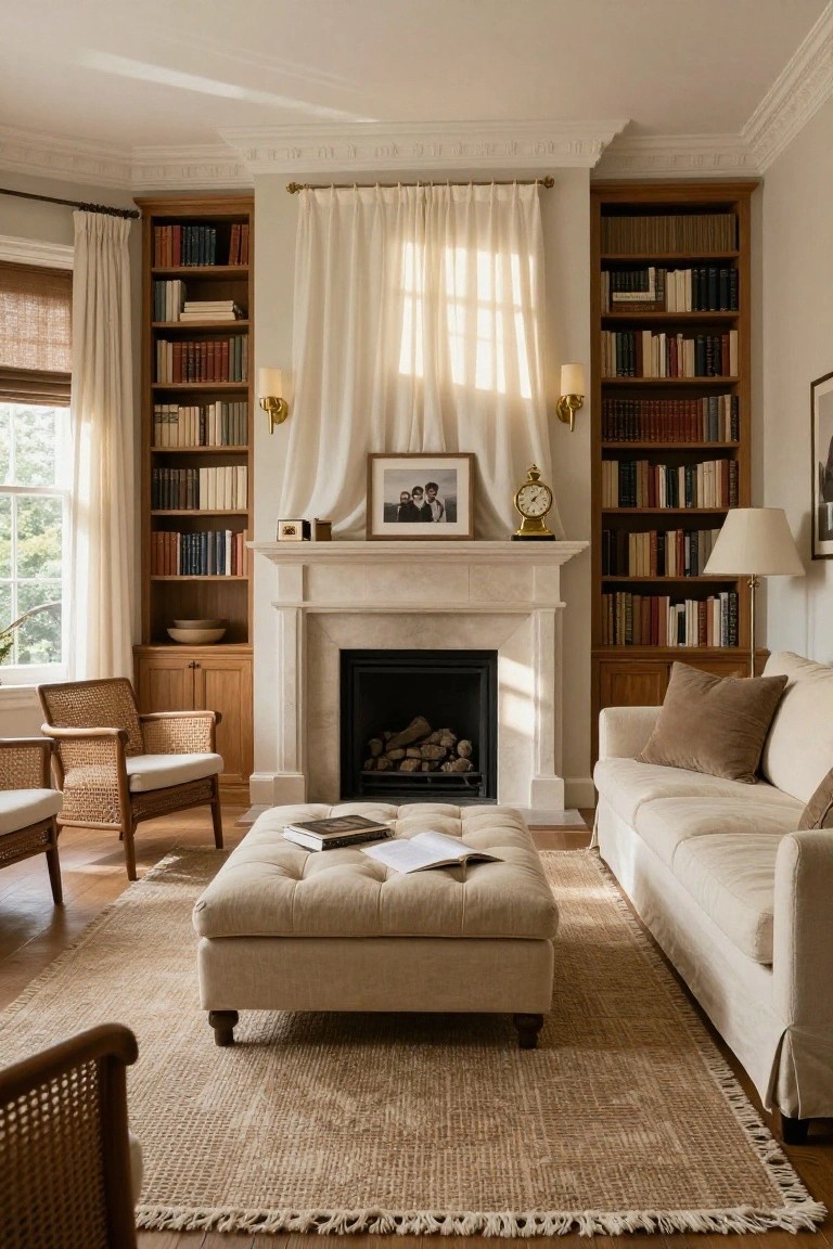 Living room with cream sofa, tufted ottoman, rattan chairs on seagrass rug in front of limestone fireplace flanked by wooden bookshelves, sheer curtains on windows, and table lamps.