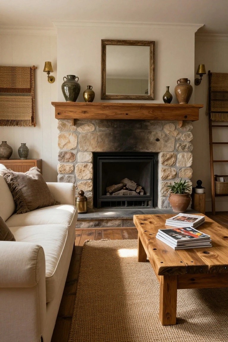Living room with cream sofa facing stone fireplace under wooden mantel, low wooden coffee table with magazines on jute rug, potted plants and ceramic vases on shelves and floor.