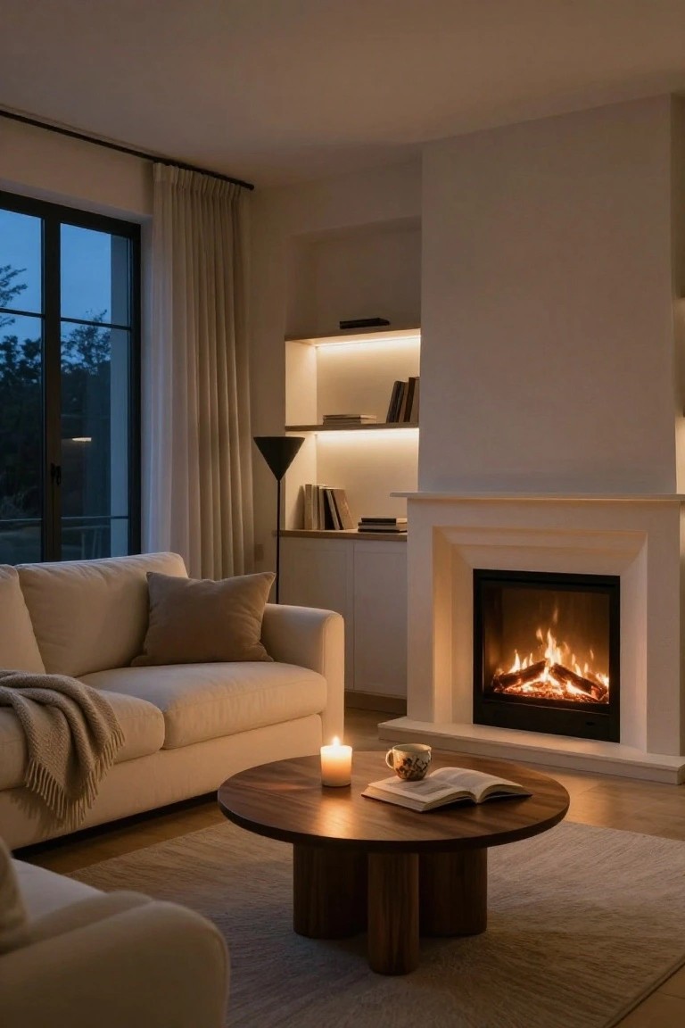 Light cream sofa with beige throw and pillows facing a white fireplace with flames, round wooden coffee table with open book mug and candle in front, large windows with sheer curtains and built-in shelves on neutral walls and wood floor