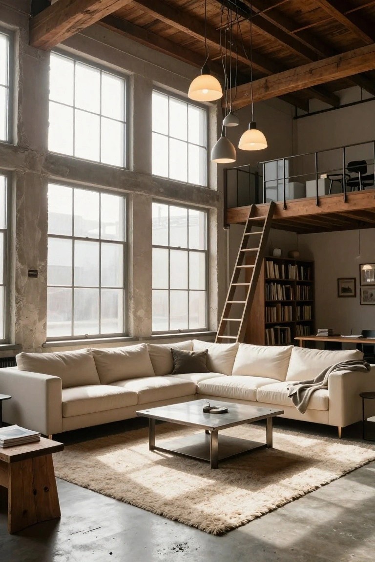 Spacious industrial loft living room with large cream L-shaped sofa, stainless steel coffee table, light shag rug on polished concrete floor, oversized factory windows, wooden mezzanine with ladder, bookshelves, and pendant lights.