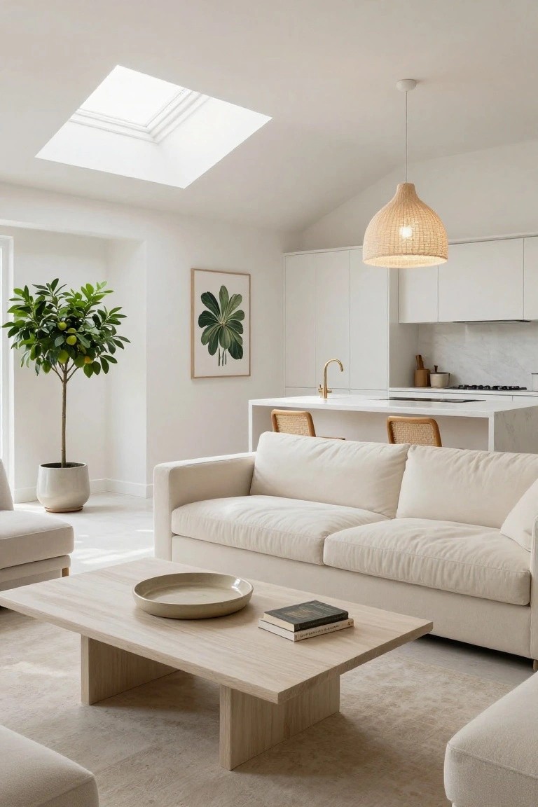 Bright living room with white sofa, wooden coffee table, skylight, and plant.