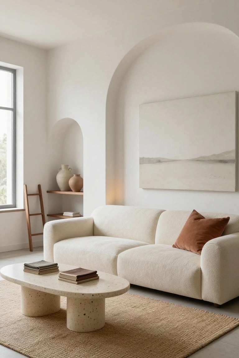A light living room with curved off-white bouclé sofa, oval white terrazzo coffee table supported by two pebble pedestals, beige seagrass rug, wooden ladder shelf holding terracotta vases, arched white niche, and large abstract landscape painting on the wall.