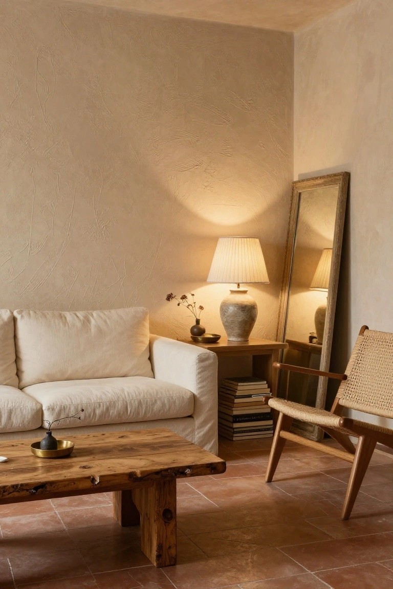 Living room corner with white cream sofa, live-edge wooden coffee table holding a small vase, rattan armchair, wooden side table with lamp and vase, tall framed mirror, against textured beige walls and terracotta tile floor.