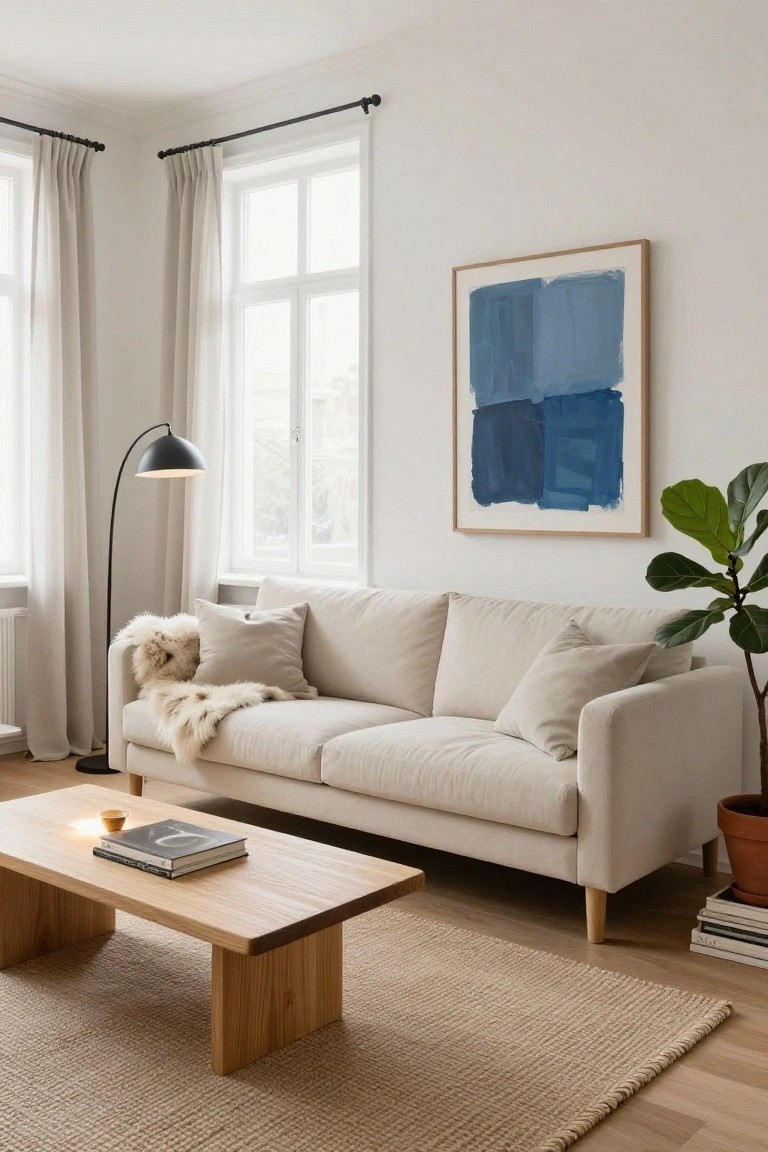 Light cream fabric sofa with sheepskin throw and pillows in a bright living room featuring large windows with sheer curtains, black arc floor lamp, low rectangular wooden coffee table holding books and a cup, beige seagrass rug, abstract blue painting on wall, and potted plant in terracotta pot.