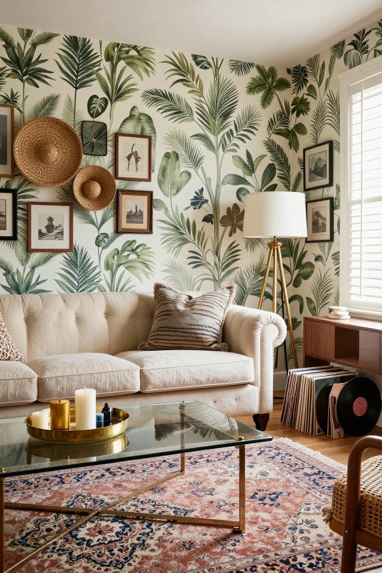 Cream tufted sofa in a living room with green tropical palm leaf wallpaper on walls, brass coffee table holding candles, woven wall baskets, and wood records shelf nearby.