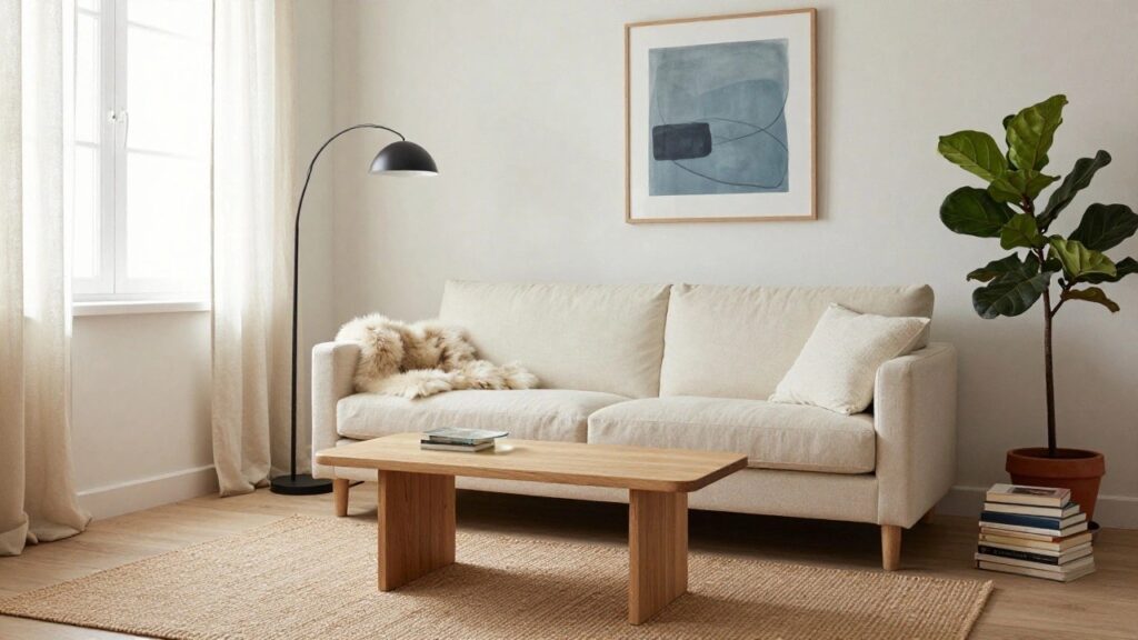 19 Cream Sofa Living Room Styling Ideas for an Airy Look Light cream fabric sofa with sheepskin throw and pillows in a bright living room featuring large windows with sheer curtains, black arc floor lamp, low rectangular wooden coffee table holding books and a cup, beige seagrass rug, abstract blue painting on wall, and potted plant in terracotta pot.