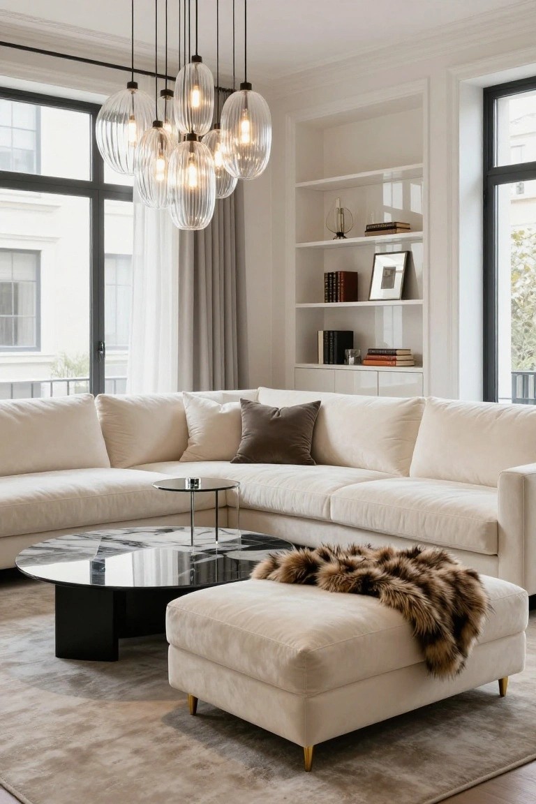 Modern living room with cream L-shaped sofa, round black marble coffee table, white ottoman draped with fur throw, built-in white shelving with books, cluster of blown glass pendant lights, and tall black-framed windows with sheer curtains.
