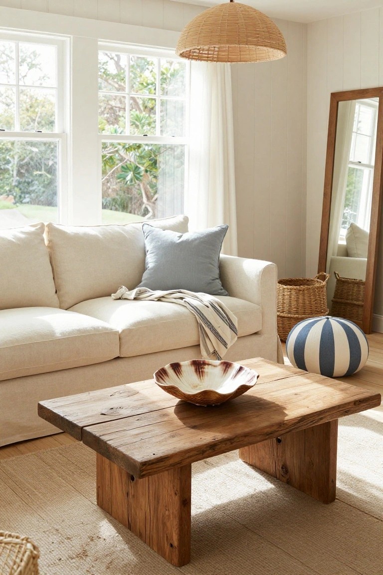 Bright living room with cream sofa, rustic wooden coffee table topped with a shell-shaped bowl, blue-striped ottoman, rattan pendant light, large windows showing greenery, and woven baskets nearby.