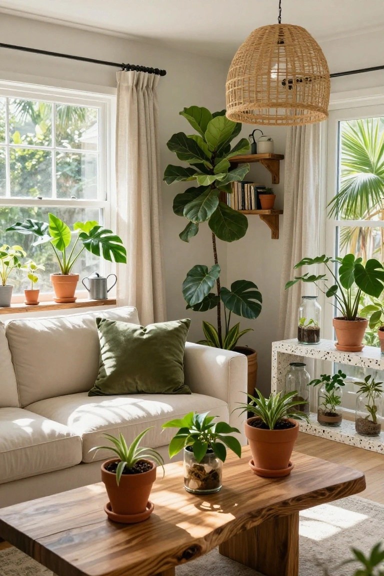 A sunlit living room with a cream-colored sofa, wooden coffee table, multiple potted tropical plants like monstera and fiddle leaf fig, shelves, and large windows with sheer curtains overlooking palm trees.