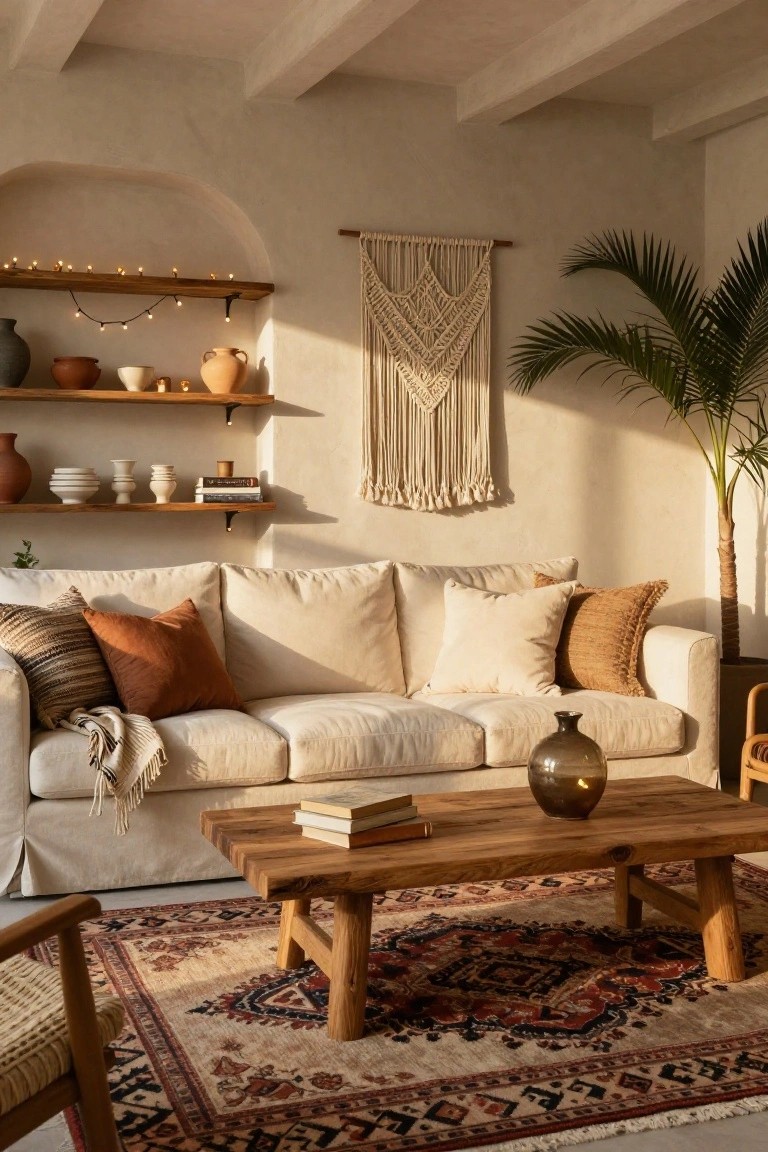 Cream slipcovered sofa on a beige wall in a living room with wooden floating shelves holding terracotta pots and white ceramics, macrame wall hanging, potted palm, wooden coffee table with books and glass vase, rattan chair, and red-and-beige patterned rug.