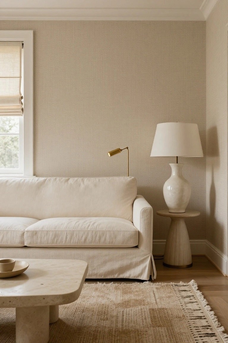 Cream slipcovered sofa in a beige textured-wall living room corner with large travertine coffee table topped by a bowl and plate, fringed seagrass rug, wood side table holding white ceramic lamp, and window with roman shade.