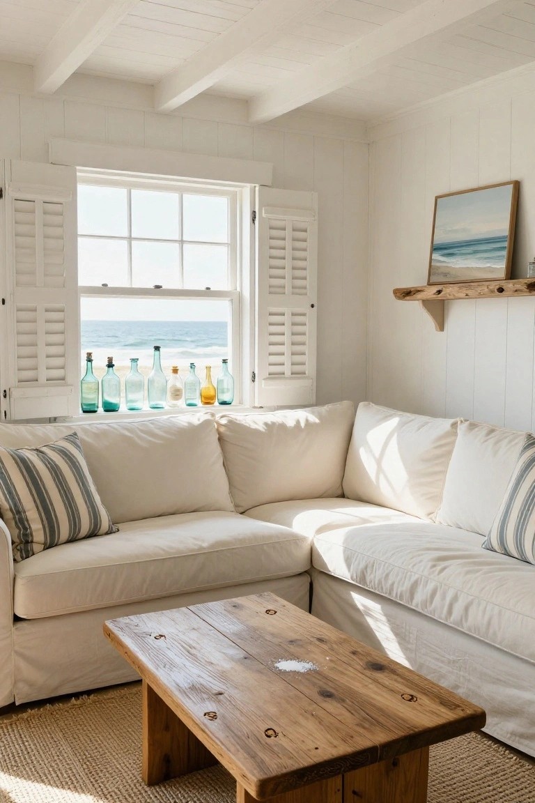 White shiplap living room corner with cream sofa, wooden coffee table on seagrass rug, and row of colorful vintage glass bottles on deep window sill overlooking ocean.