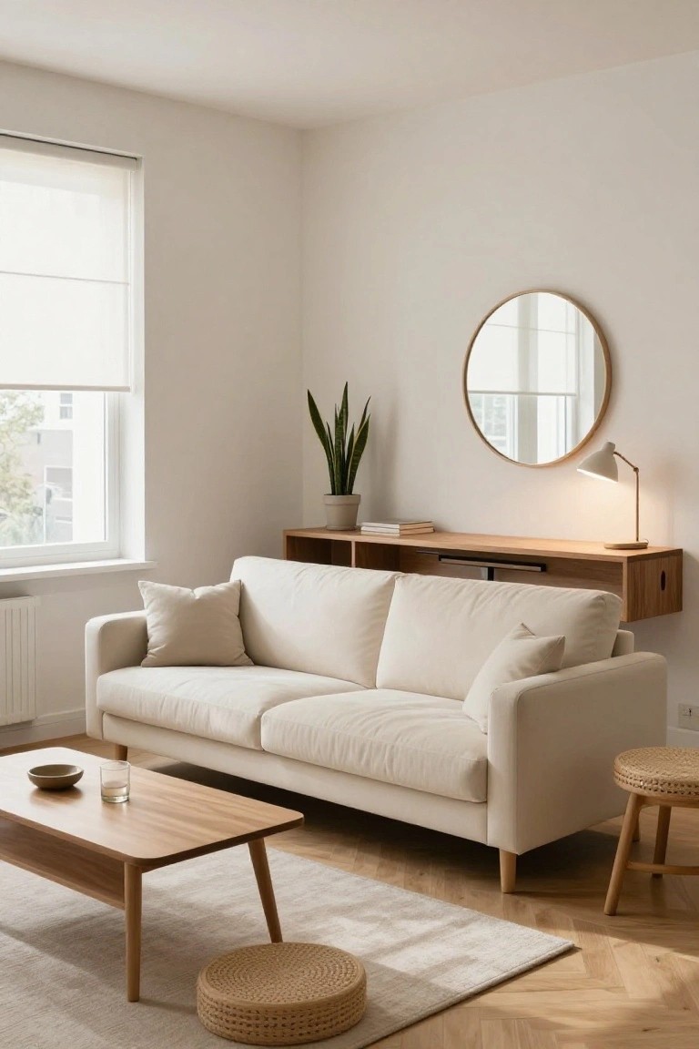 Cream sofa against a wooden wall-mounted shelf unit with books, lamp, and snake plant in a light living room with wooden coffee table, rattan stools, round mirror, and window blinds on herringbone floor.