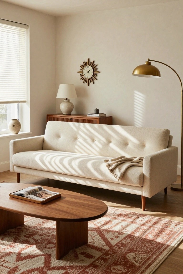 Light beige tufted three-seater sofa with wooden legs and a cream throw blanket in a beige-walled living room, oval wooden coffee table holding a magazine in front, red and cream patterned rug underneath, wooden credenza with vase and lamp nearby, gold arched floor lamp, and sunlit windows with blinds.