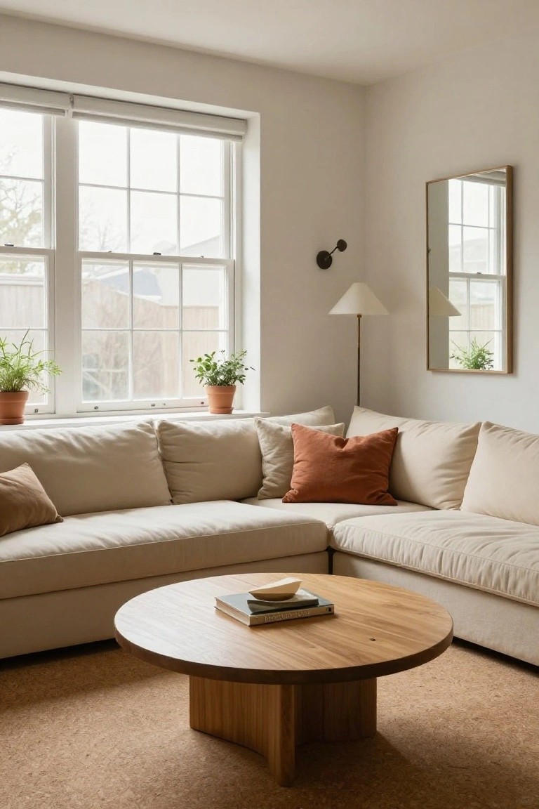 Light-filled living room corner with cream L-shaped sofa, round wooden coffee table holding books and a bowl, terracotta and cream pillows, potted plants on windowsill, floor lamp, wall mirror, and cork flooring.