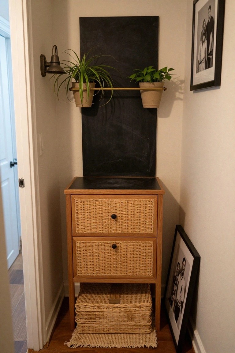 Narrow hallway with woven-drawer cabinet, chalkboard, wall plants, and framed photos.
