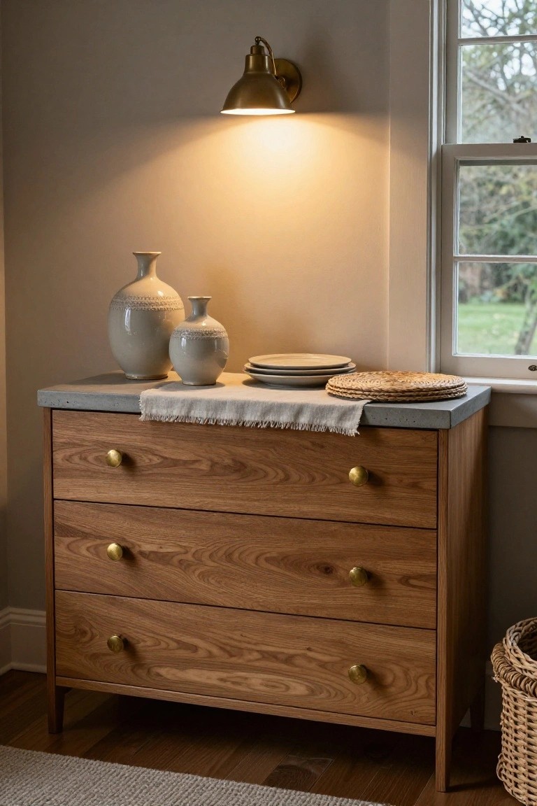 A wooden dresser with three drawers and brass knobs has a gray concrete top holding two ceramic vases, stacked plates, and a woven mat, with a wall sconce above it.