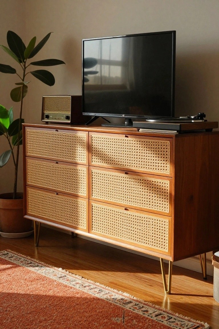 A mid-century wooden dresser with six cane webbing drawer fronts used as a TV stand in a living room.