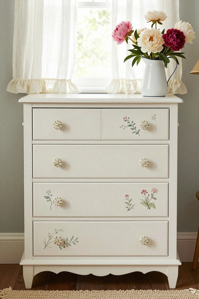 A white dresser with hand-painted floral designs on several drawers and a white pitcher filled with pink and white peonies sitting on top.