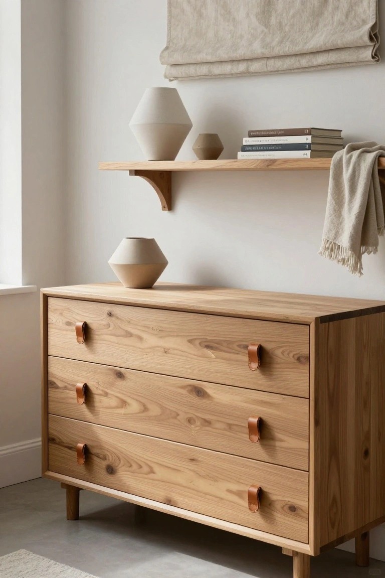 Wooden dresser with leather handles below floating shelf with books and vases.