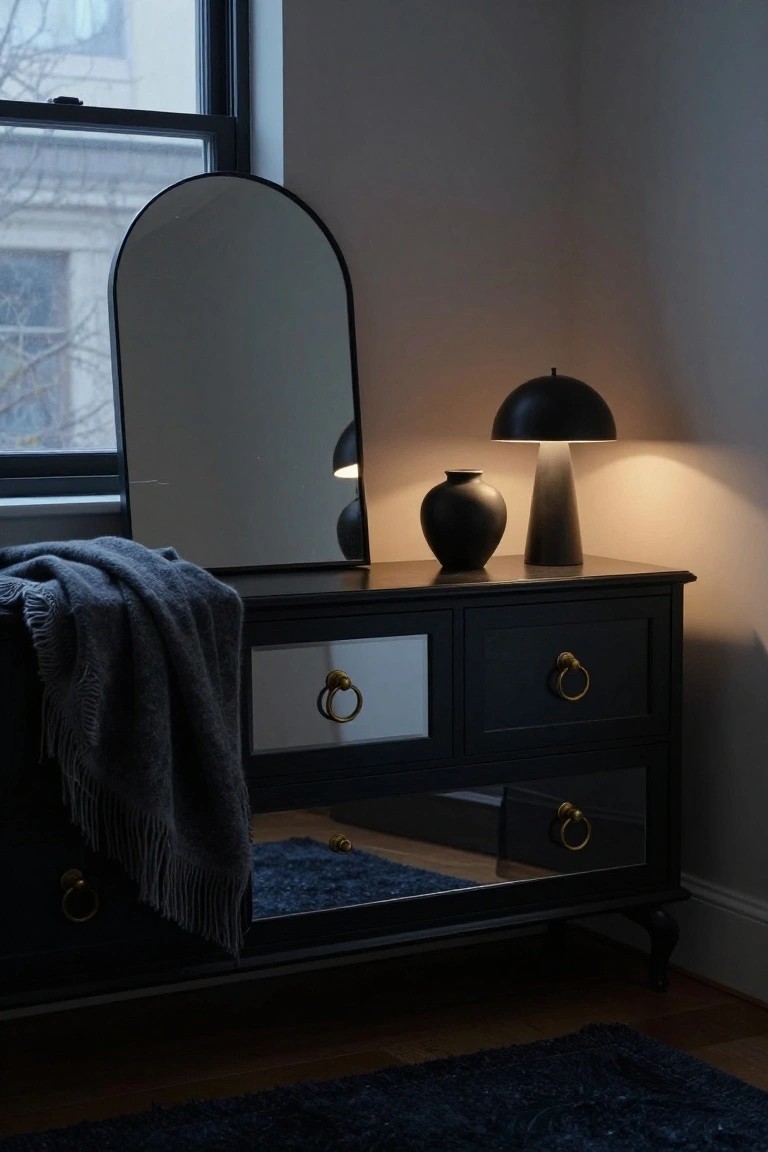 Black dresser with arched mirror, lamp, vase, and gray throw.