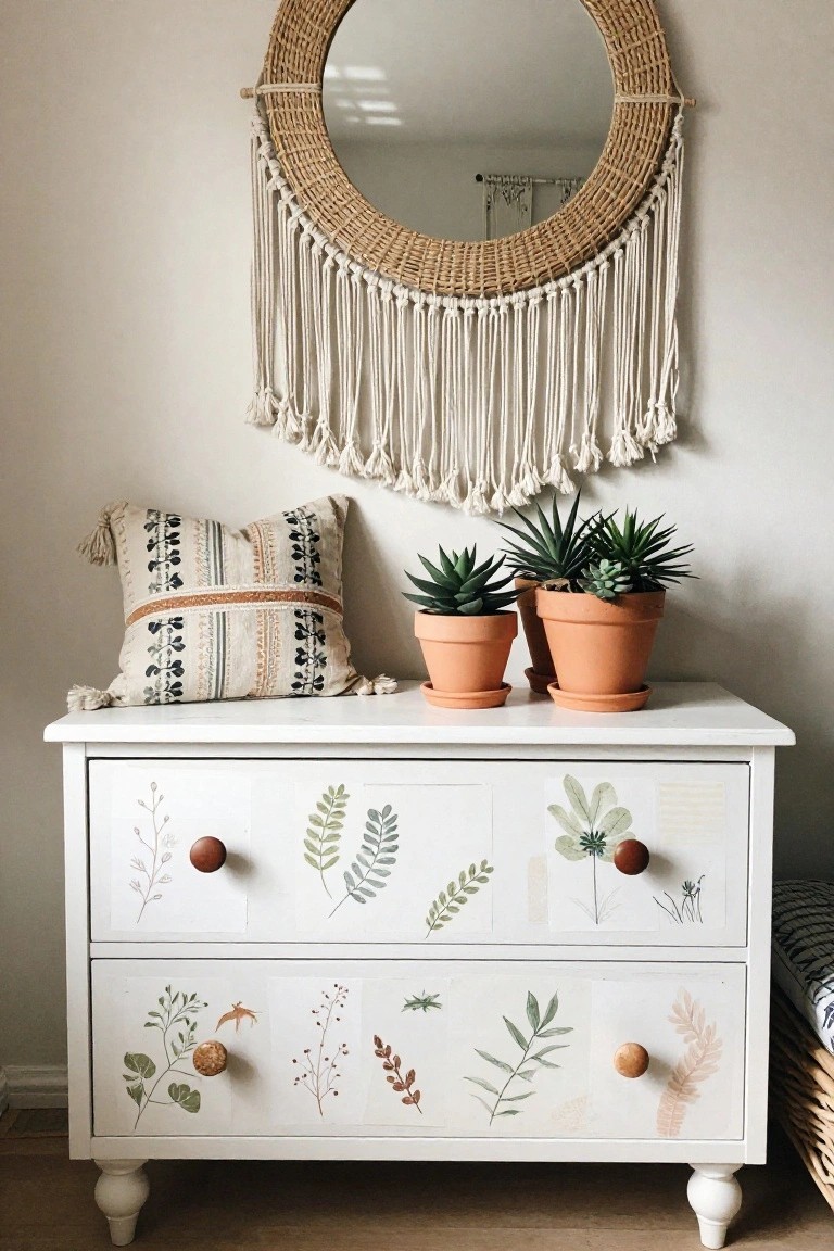 White dresser with floral decals, potted succulents, woven mirror, and patterned pillow.
