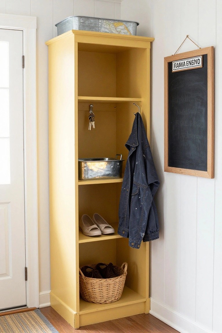 Yellow wooden cabinet with shelves, hooks, jacket, shoes, and chalkboard.