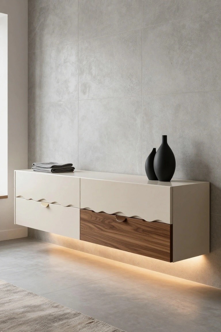 Modern floating console with white and wood drawers, LED lighting, and black vases.