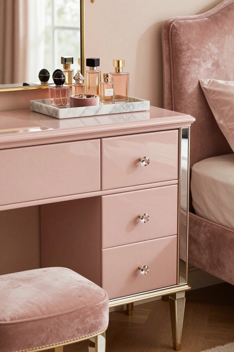 Pink vanity table with crystal knobs, perfume bottles, and velvet stool.