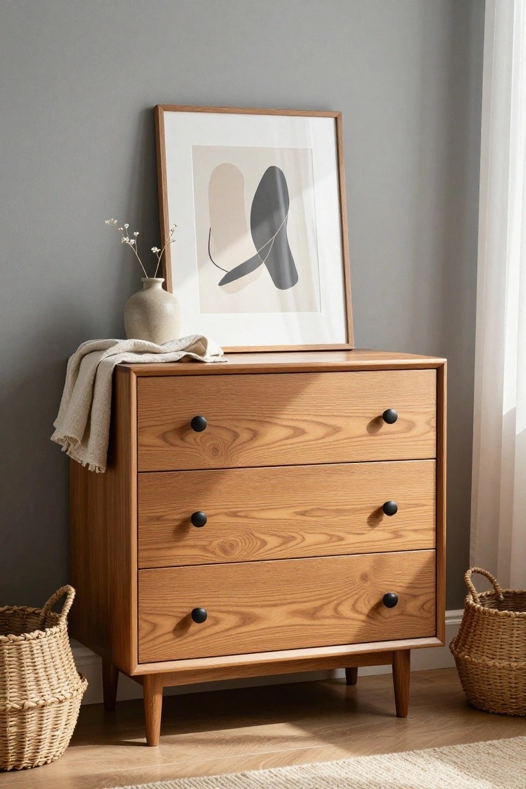 Wooden dresser with three drawers, framed abstract art, and woven baskets.
