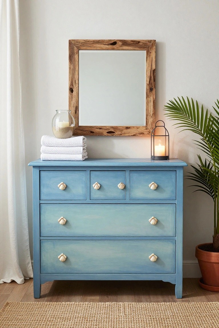 Blue dresser with shell knobs under a rustic wooden mirror.